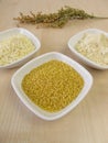 Millet flour, millet grains and rolled millet