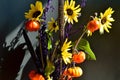 Millet grass sunflowers pumpkin on a stick purple filler autumn bouquet shadows horizontal Royalty Free Stock Photo