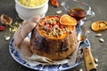 Millet porridge baked in a pumpkin, with berries, honey and nuts Royalty Free Stock Photo