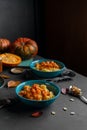 Millet porridge with pumpkin and honey served in blue bowls, raw pumpkins and seeds. Image has copy space Royalty Free Stock Photo