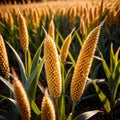 Millet, whole stalks, raw grain plant crop in farm field