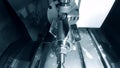 Milling machine from the inside. Industrial production, heavy machinery.