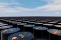 Million barrels of crude oil drums, fossil fuel and gasoline in container under clear sky. 3D Rendering Royalty Free Stock Photo