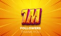 1 Million follower celebration. Social media poster. Followers, thank your lettering. 3D Rendering