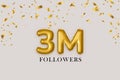 3 million followers 3d rendered 3 gold balloons with golden confetti celebration background