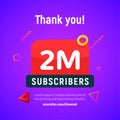 2 million followers vector post 2m celebration. Two millions subscribers followers thank you congratulation