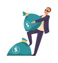 Millionaire with bag of cash. Man carries sack full of money. Happy successful businessman. Financial revenue or jackpot Royalty Free Stock Photo