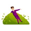 Millionaire on pile cash icon, cartoon style Royalty Free Stock Photo