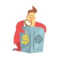 Millionaire Rich Man Hugging His Metal Safe Money Box ,Funny Cartoon Character Lifestyle Situation