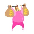 Millionaire Rich Man In Pink Training Suit Lifting The Weight With Two Big Money Bags ,Funny Cartoon Character Lifestyle Royalty Free Stock Photo