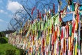 Millions of prayer ribbons tied at fence at the demilitarised zone DMZ at the freedom bridge, South Korea, Asia