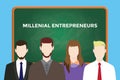 Milllenial entrepreneurs illustration with four people in front of green chalk board and white text Royalty Free Stock Photo