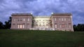 Mills-Livingston Mansion on the Hudson River, view up the hill from the riverbank, night illumination, Staatsburg, NY