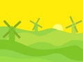 Mills at sunset. Wavy landscape of green fields at sunset and silhouettes of windmills in a minimalist style. Rural landscape with Royalty Free Stock Photo