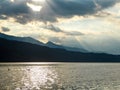 Millstaettersee - A pair of swans landing on Millstaetter lake in Austria during the sunset. The lake is surrounded by high Alps Royalty Free Stock Photo