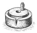 Millwheel with handle holder. Hand drawn sketch vector illustration. Processing cereal seeds into flour for cooking