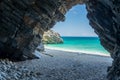 Milopotamos beach in Greece. Rocky cliffs and clear turquoise sea