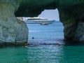 Milos island in greece, kleftiko bay rock caves, sea swimming sailing in summer holidays