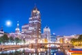 Milwaukee downtown with reflection in water at night,milwaukee,wisconsin,usa Royalty Free Stock Photo