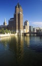 Milwaukee skyline with Menomonee River in foreground, WI