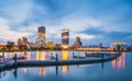 Milwaukee skyline at night with reflection in lake michigan. Royalty Free Stock Photo