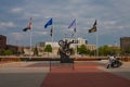 Outside of the Harley-Davidson Museum building entrance in Milwaukee, Wisconsin with a motorcycle Royalty Free Stock Photo