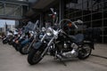 Shiny motorcycles parked outside of the Harley-Davidson Museum building entrance in Milwaukee Royalty Free Stock Photo