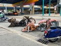 MILWAUKEE, WISCONSIN, JULY 15 2023: Downtown Milwaukee with retro customized Harley Davidsons parked outside an