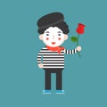 Mime artist with rose, cute character, flat design