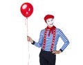 Mime with balloon.Emotional funny actor wearing Royalty Free Stock Photo