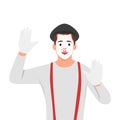 Mime cartoon character performing pantomime called Behind the wall. Flat style Royalty Free Stock Photo