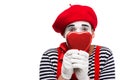 mime covering face with heart shaped gift box Royalty Free Stock Photo