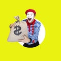 Mime with money bag.Emotional funny actor wearing Royalty Free Stock Photo