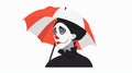 Mime performer in French clothes with face makeup. Comic mimic comedian with umbrella, begging on the street. Modern Royalty Free Stock Photo