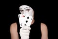 Mime with playing cards on black background Royalty Free Stock Photo