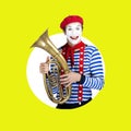 Mime with trombone. Emotional funny actor wearing