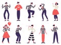 Mimes characters. Silent actors, pantomime and comedy performing, funny mimic poses. Male and female mimes characters