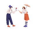 Mimes, love couple acting. French actors, street artists during romantic deaf show. Man artist giving flower gift for