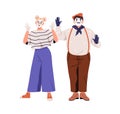 Mimes, street actors couple. French artists gesturing with hand. Woman and man performers with face makeup during dumb