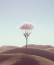 Mimimalism Concept of hope and loneliness. Lonely tree in desert with cloud abstract metaphor. 3d illustration