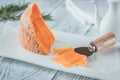 Mimolette cheese on white plate