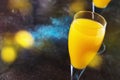 Mimosa alcohol cocktail with orange juice and dry champagne or sparkling wine in glasses, blue background, copy space