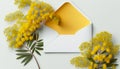 Mimosa branches with envelope on white background. For easter and spring greeting cards with copy space. Ai generated Royalty Free Stock Photo