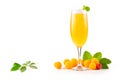 Mimosa cocktail with bubbly champagne and orange juice on white background