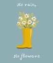 Mimosa and daffodils in yellow rubber boot. No rain, no flowers concept. Yellow and white flowers with leaves. Spring flowers Royalty Free Stock Photo