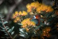 mimosa flower in bloom, surrounded by colorful butterflies Royalty Free Stock Photo