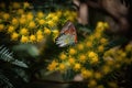 mimosa flower in bloom, surrounded by colorful butterflies Royalty Free Stock Photo