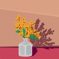 Mimosa flowers in a glass vase, vector art, greeting card with copy space for congratulations