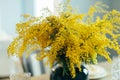 Mimosa flowers in vase on table. Happy womens day or Happy Mothers day greeting card
