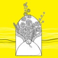 Vector bouquet with outline Mimosa or Acacia dealbata or silver wattle flowers and leaf in open envelope on the yellow background.